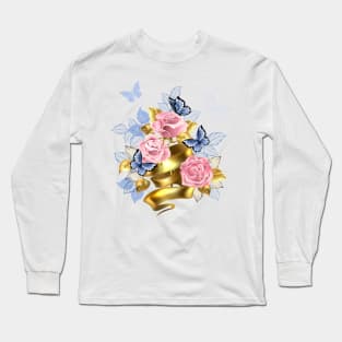 Pink Roses with Gold Ribbon Long Sleeve T-Shirt